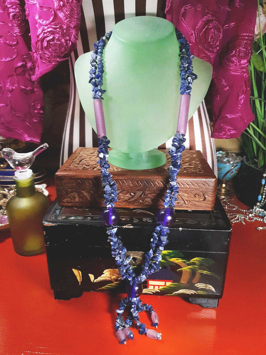Vintage  1970s Purple Blue Lapis Lazuli Necklace Boho Statement Bohemian Gemstone