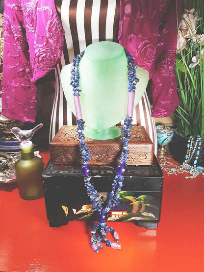 Vintage  1970s Purple Blue Lapis Lazuli Necklace Boho Statement Bohemian Gemstone