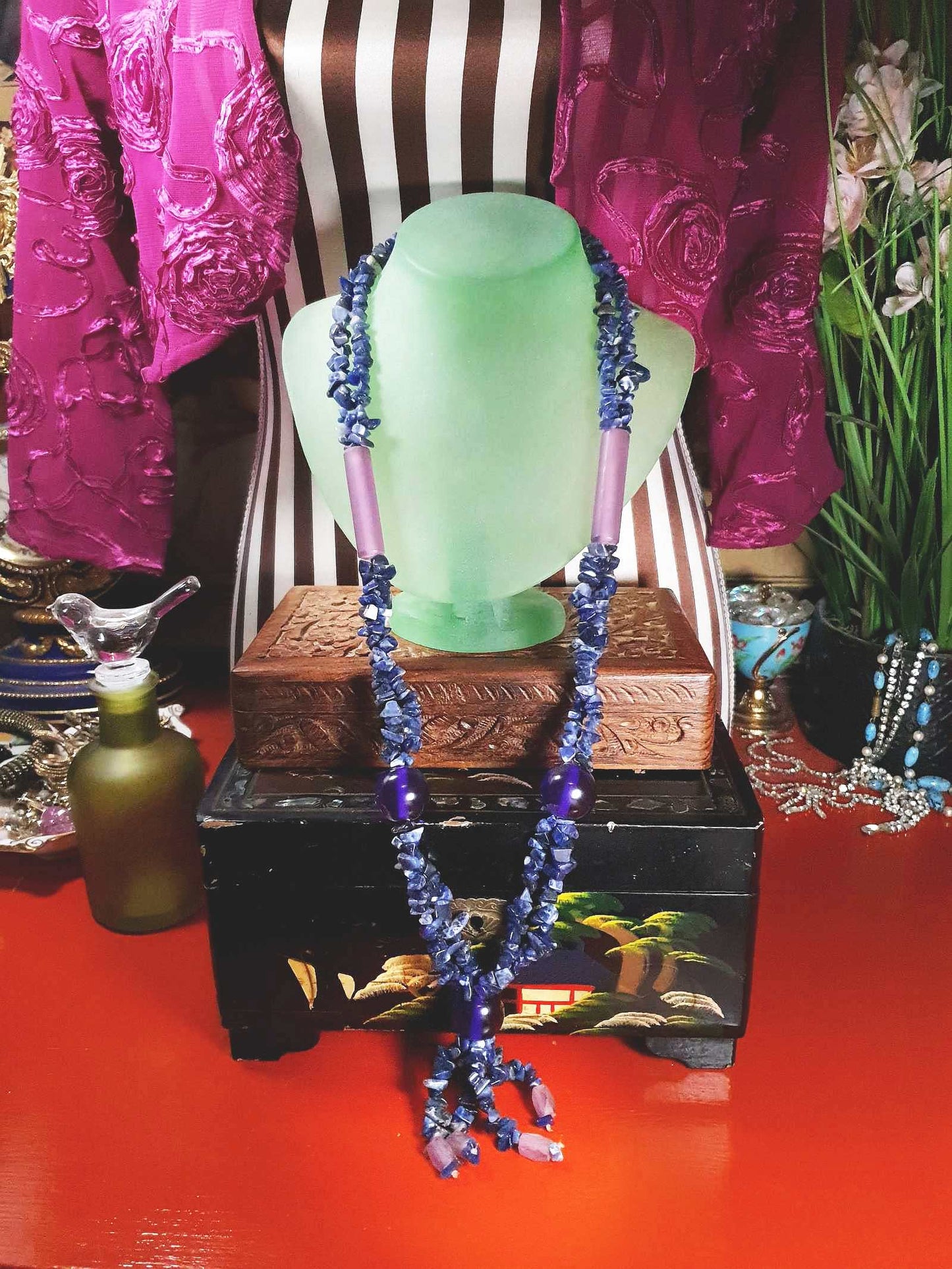 Vintage  1970s Purple Blue Lapis Lazuli Necklace Boho Statement Bohemian Gemstone