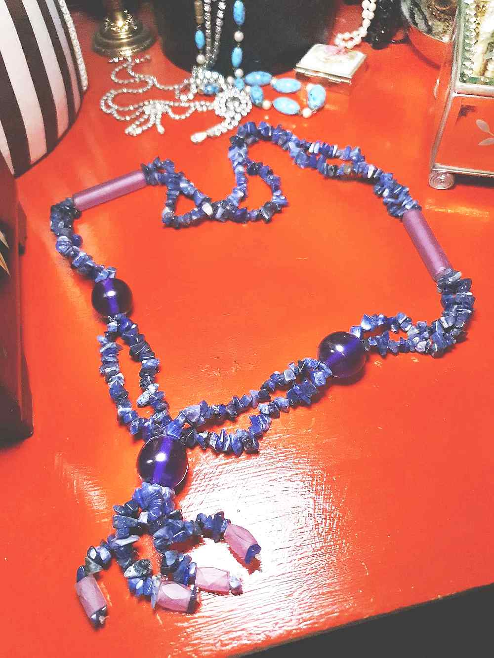 Vintage  1970s Purple Blue Lapis Lazuli Necklace Boho Statement Bohemian Gemstone