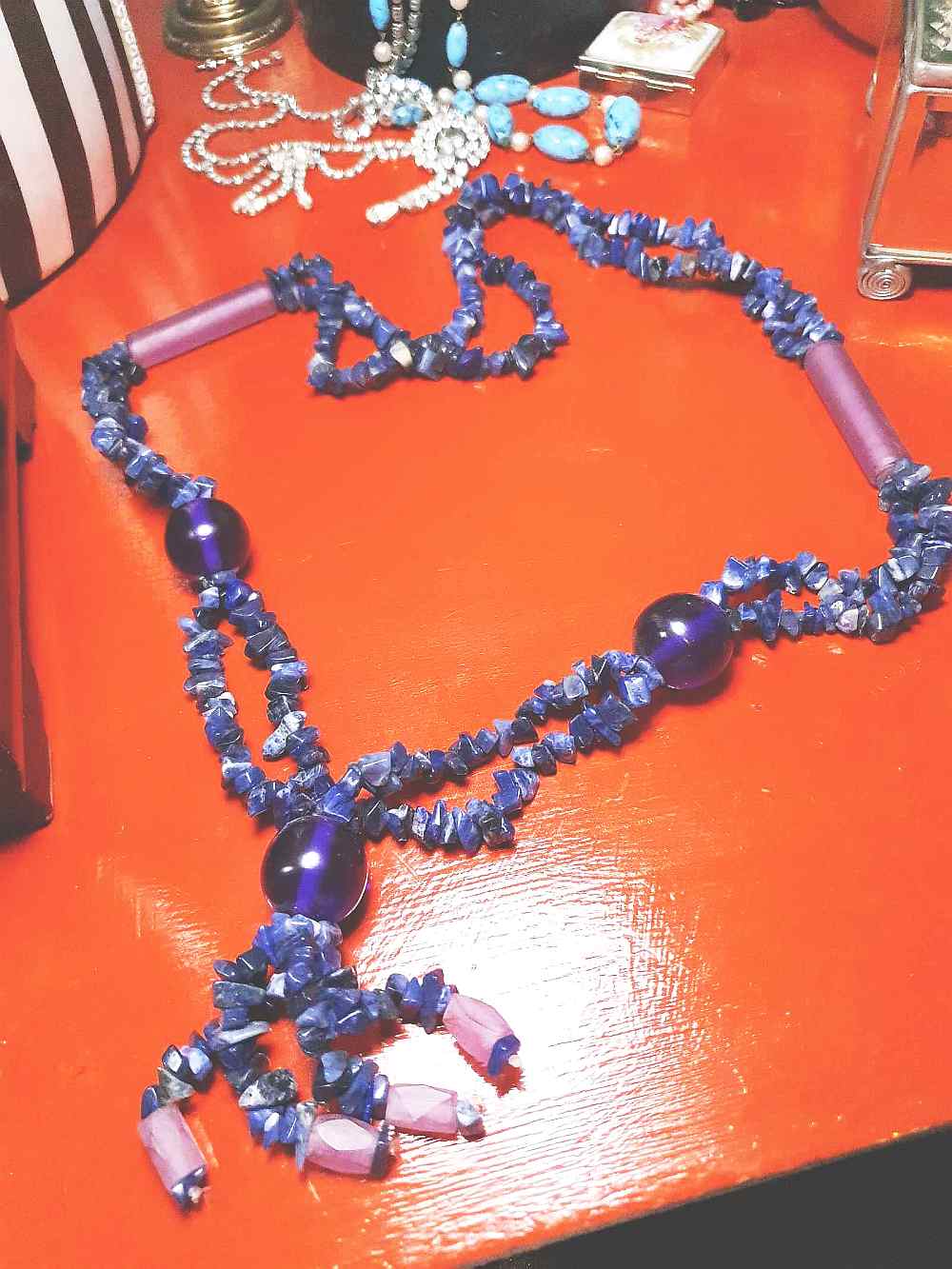 Vintage  1970s Purple Blue Lapis Lazuli Necklace Boho Statement Bohemian Gemstone