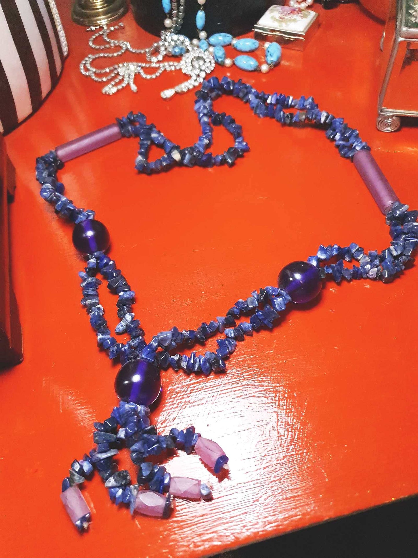 Vintage  1970s Purple Blue Lapis Lazuli Necklace Boho Statement Bohemian Gemstone