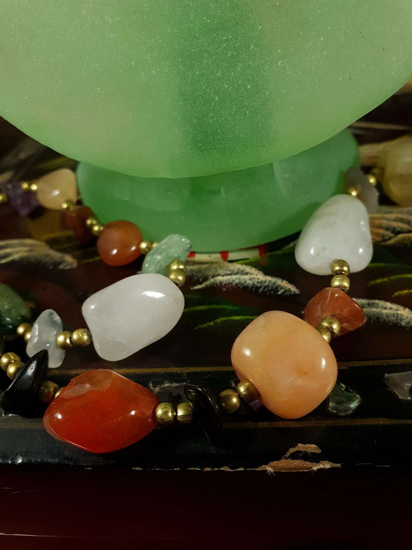 Vintage Gemstone 1970s Necklace 32" - Brass Jade Amethyst Onyx Jasper Carnelian