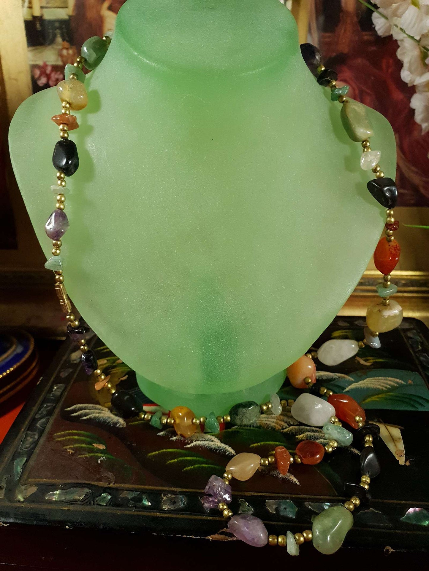 Vintage Gemstone 1970s Necklace 32" - Brass Jade Amethyst Onyx Jasper Carnelian