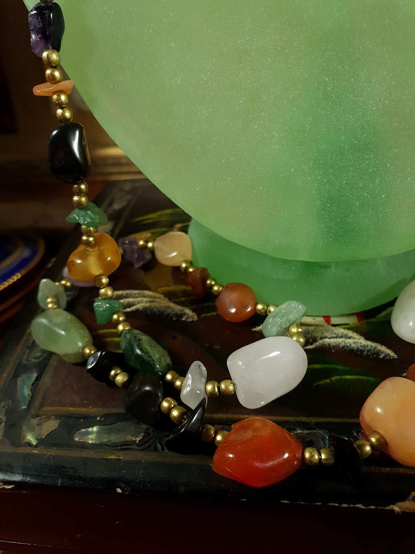 Vintage Gemstone 1970s Necklace 32" - Brass Jade Amethyst Onyx Jasper Carnelian