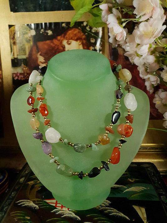 Vintage Gemstone 1970s Necklace 32" - Brass Jade Amethyst Onyx Jasper Carnelian