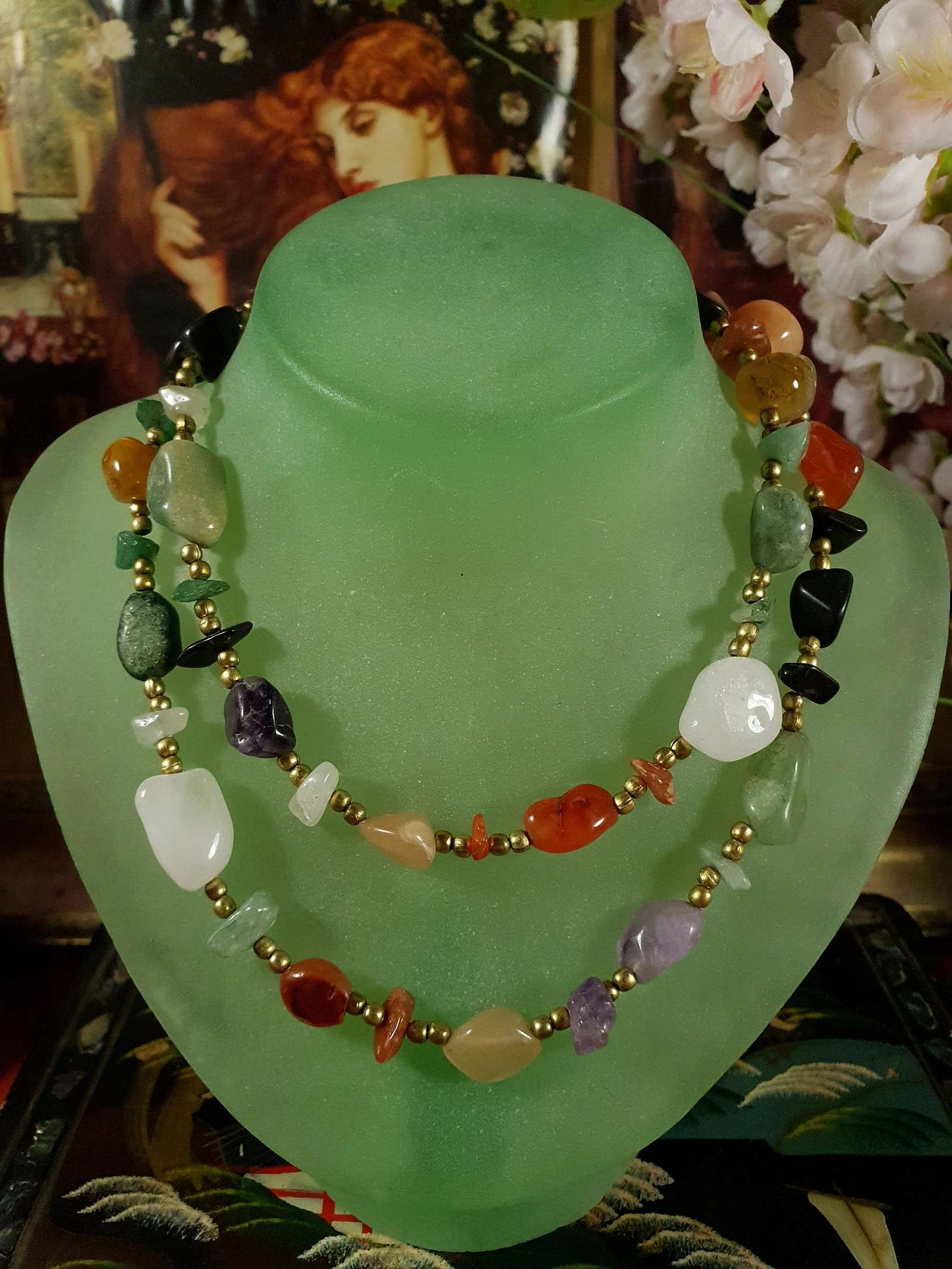 Vintage Gemstone 1970s Necklace 32" - Brass Jade Amethyst Onyx Jasper Carnelian