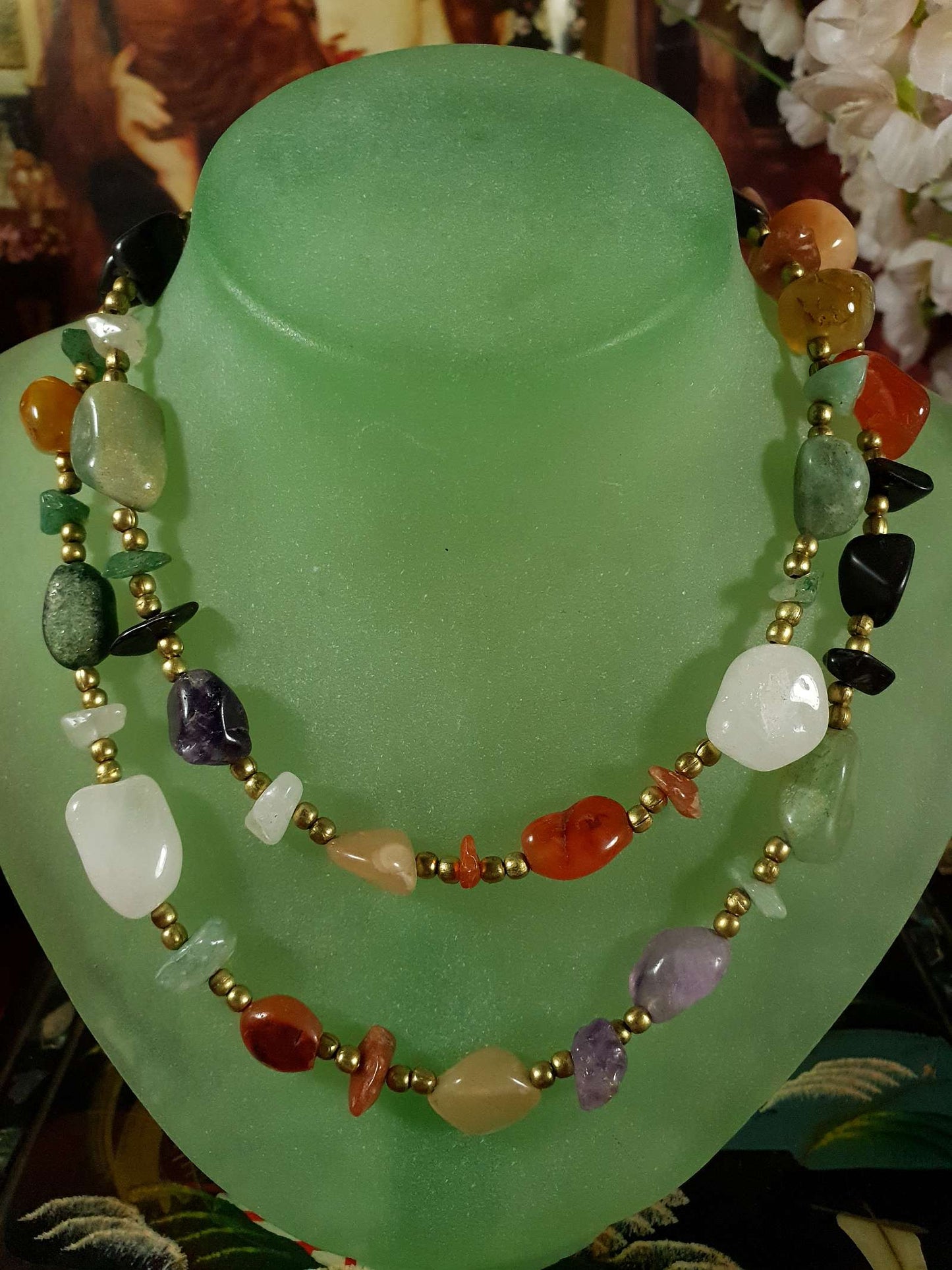 Vintage Gemstone 1970s Necklace 32" - Brass Jade Amethyst Onyx Jasper Carnelian