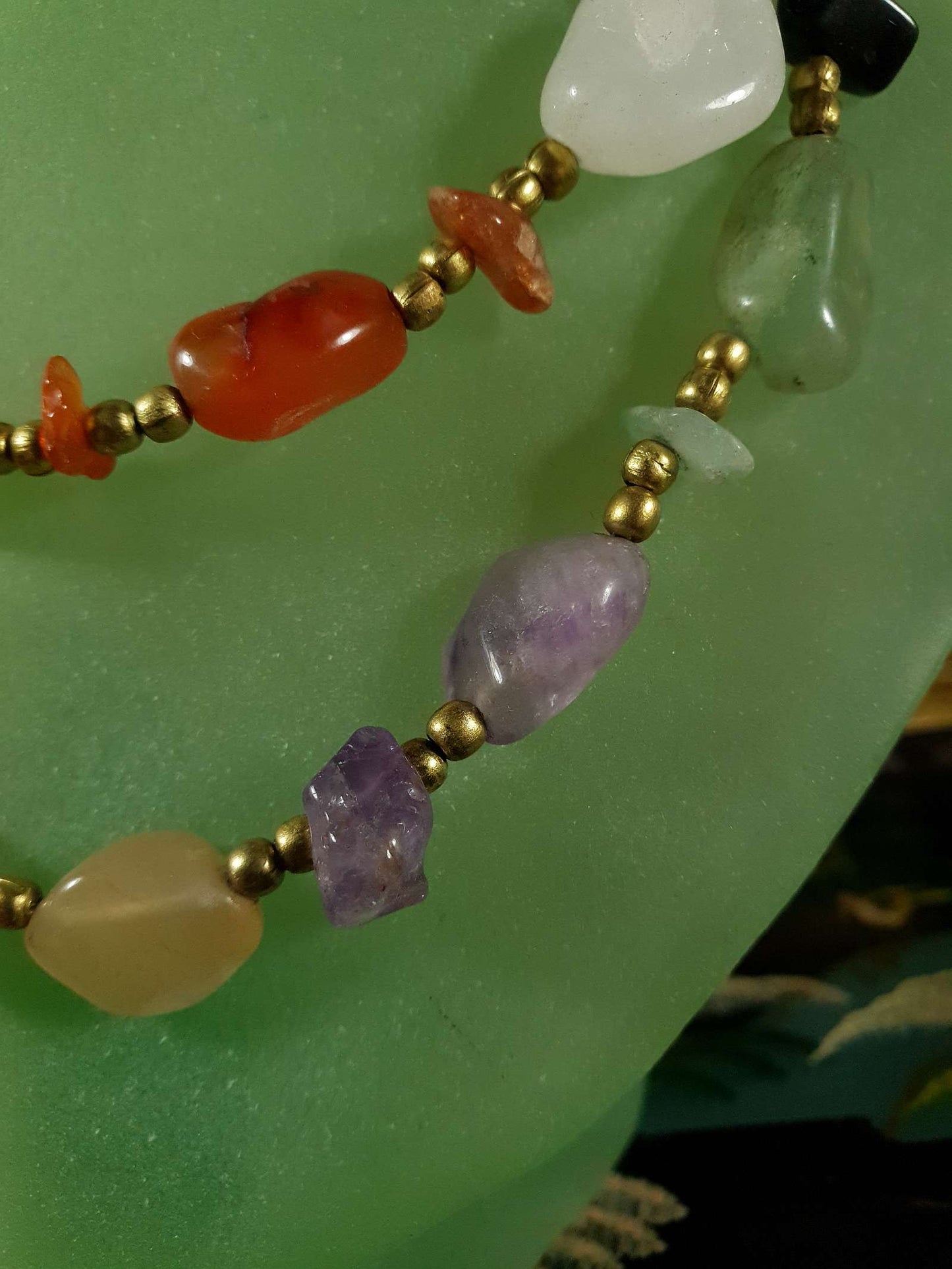 Vintage Gemstone 1970s Necklace 32" - Brass Jade Amethyst Onyx Jasper Carnelian