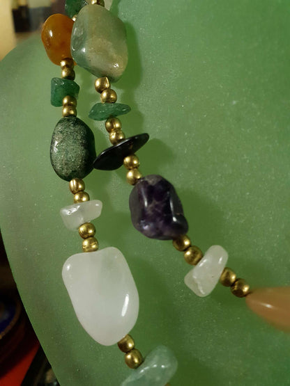 Vintage Gemstone 1970s Necklace 32" - Brass Jade Amethyst Onyx Jasper Carnelian