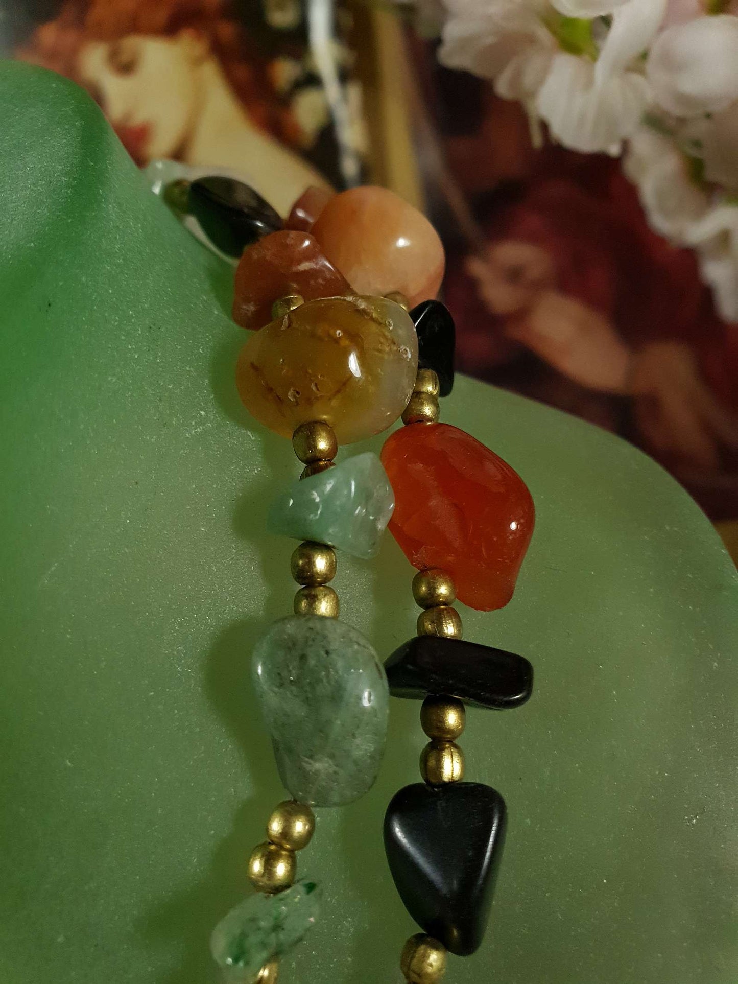 Vintage Gemstone 1970s Necklace 32" - Brass Jade Amethyst Onyx Jasper Carnelian