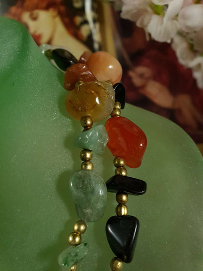 Vintage Gemstone 1970s Necklace 32" - Brass Jade Amethyst Onyx Jasper Carnelian