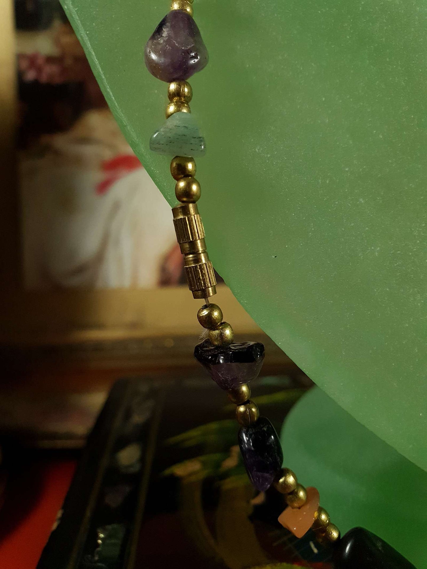 Vintage Gemstone 1970s Necklace 32" - Brass Jade Amethyst Onyx Jasper Carnelian