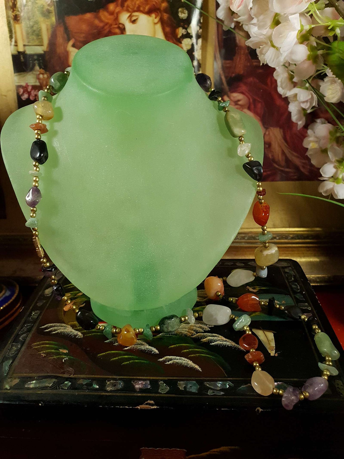 Vintage Gemstone 1970s Necklace 32" - Brass Jade Amethyst Onyx Jasper Carnelian