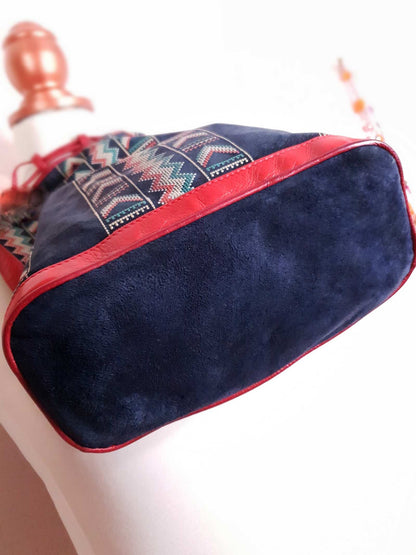 Vintage Navy Suede Leather Shoulder Bag 1970s Italian Handbag Aztec Boho