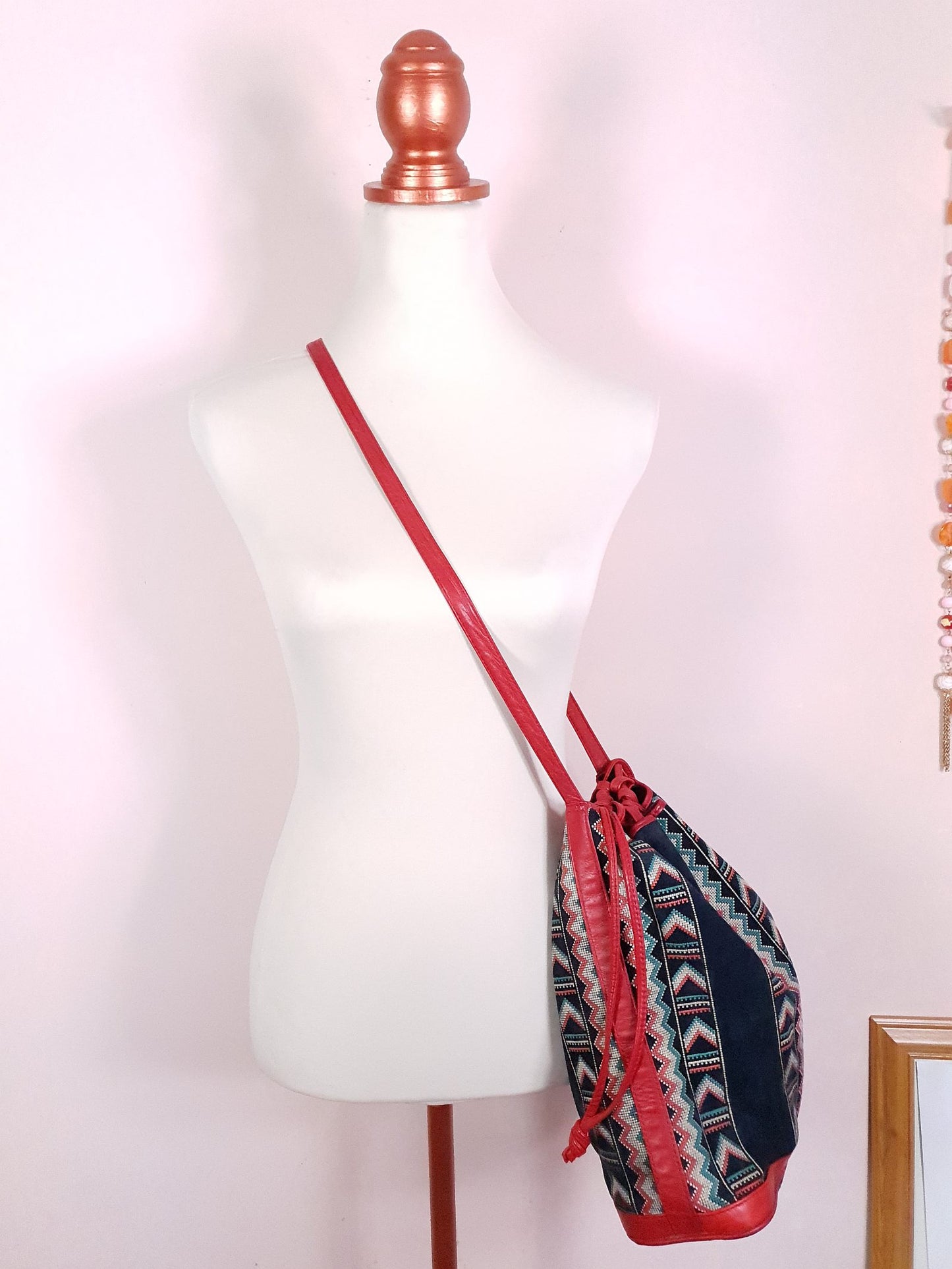 Vintage Navy Suede Leather Shoulder Bag 1970s Italian Handbag Aztec Boho