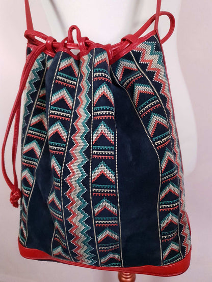 Vintage Navy Suede Leather Shoulder Bag 1970s Italian Handbag Aztec Boho