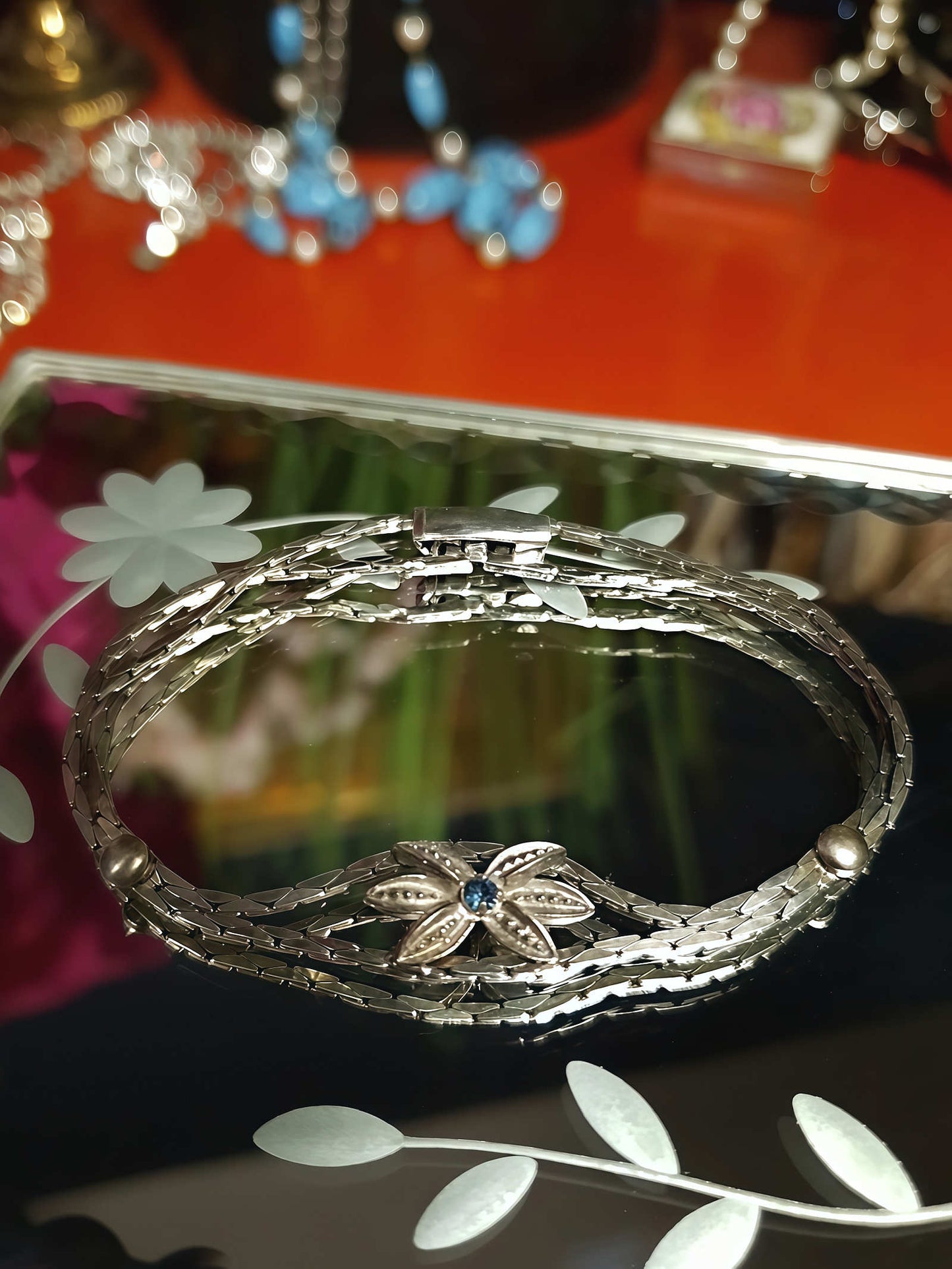 Vintage Sterling Silver Sapphire Bracelet 1970s Flower Floral 925