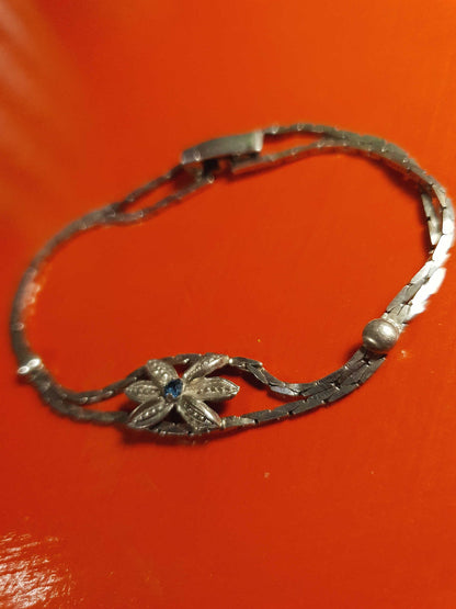 Vintage Sterling Silver Sapphire Bracelet 1970s Flower Floral 925