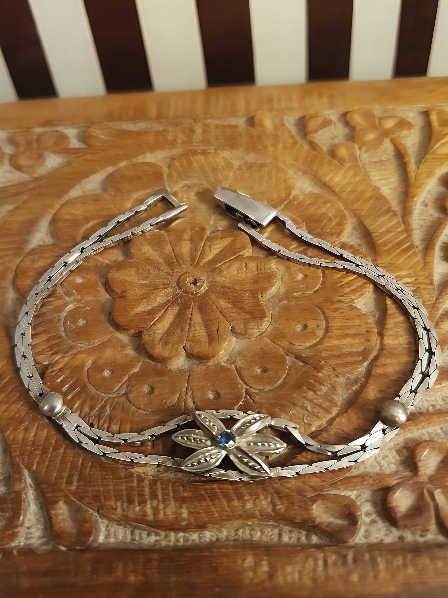 Vintage Sterling Silver Sapphire Bracelet 1970s Flower Floral 925