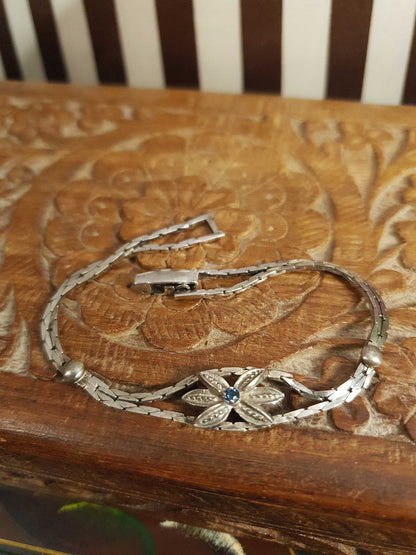 Vintage Sterling Silver Sapphire Bracelet 1970s Flower Floral 925