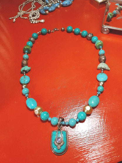Vintage 1970s Sterling Silver Turquoise Necklace 19.5" Boho Artisan Bohemian 925