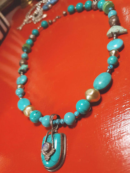 Vintage 1970s Sterling Silver Turquoise Necklace 19.5" Boho Artisan Bohemian 925