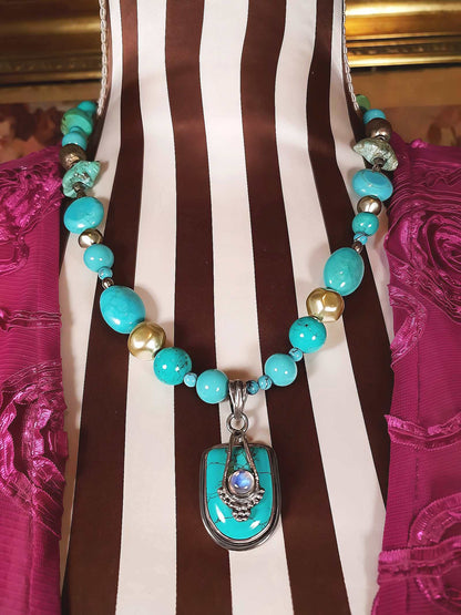 Vintage 1970s Sterling Silver Turquoise Necklace 19.5" Boho Artisan Bohemian 925