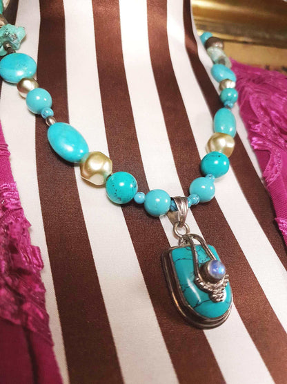 Vintage 1970s Sterling Silver Turquoise Necklace 19.5" Boho Artisan Bohemian 925