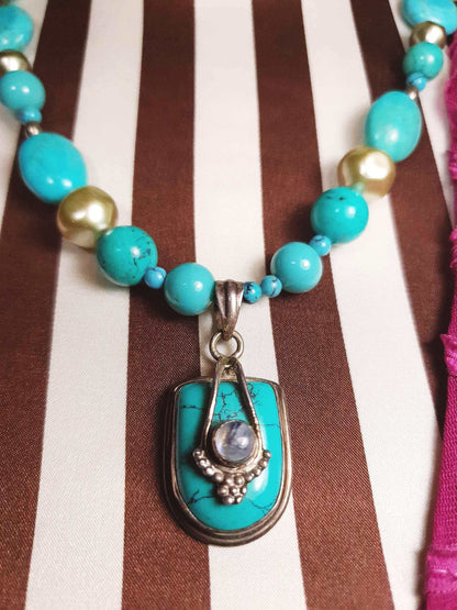 Vintage 1970s Sterling Silver Turquoise Necklace 19.5" Boho Artisan Bohemian 925