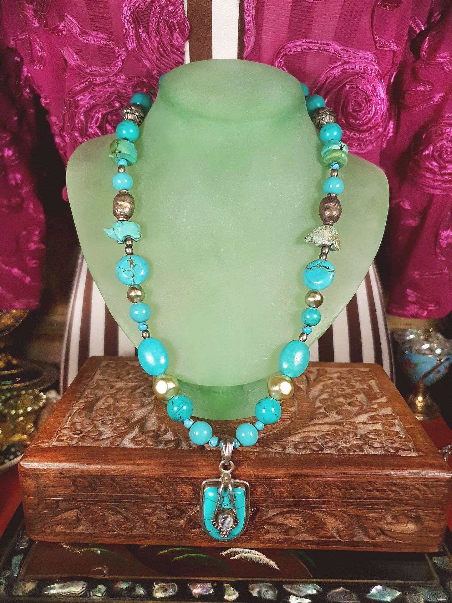 Vintage 1970s Sterling Silver Turquoise Necklace 19.5" Boho Artisan Bohemian 925