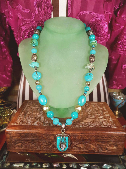 Vintage 1970s Sterling Silver Turquoise Necklace 19.5" Boho Artisan Bohemian 925