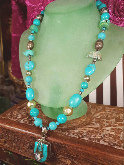 Vintage 1970s Sterling Silver Turquoise Necklace 19.5" Boho Artisan Bohemian 925