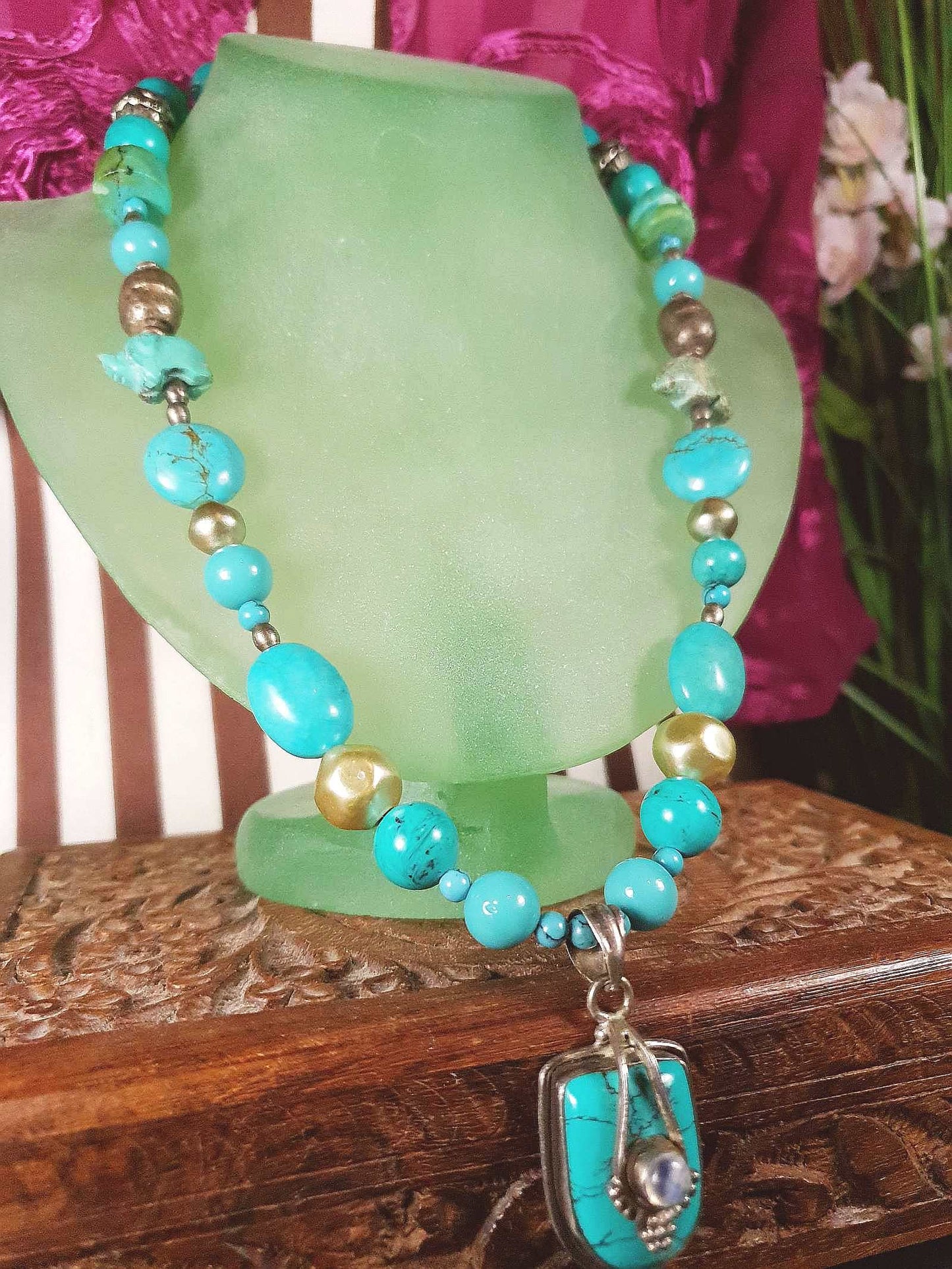 Vintage 1970s Sterling Silver Turquoise Necklace 19.5" Boho Artisan Bohemian 925