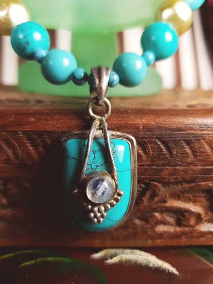 Vintage 1970s Sterling Silver Turquoise Necklace 19.5" Boho Artisan Bohemian 925