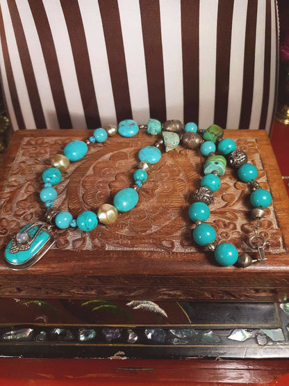 Vintage 1970s Sterling Silver Turquoise Necklace 19.5" Boho Artisan Bohemian 925