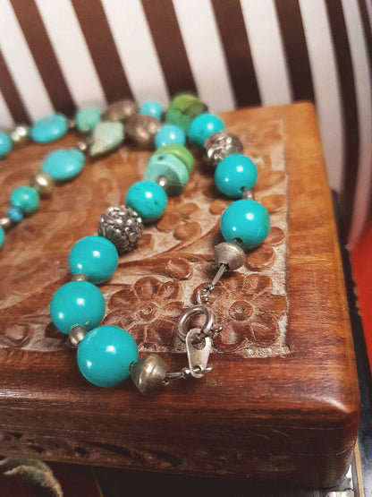 Vintage 1970s Sterling Silver Turquoise Necklace 19.5" Boho Artisan Bohemian 925
