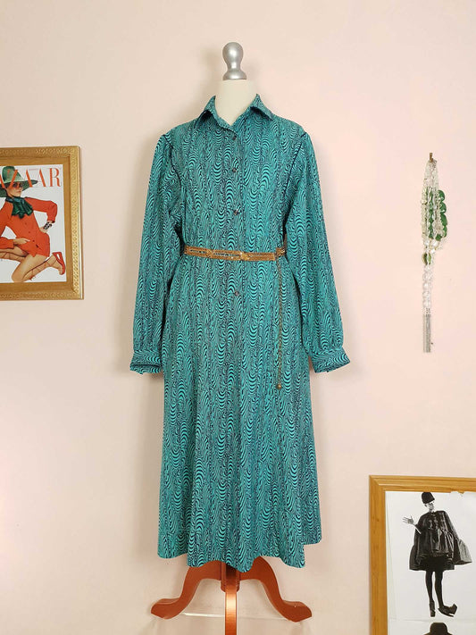 Vintage 1970s Turquoise Dress Retro Navy Blue Pattern Midi - Size 14