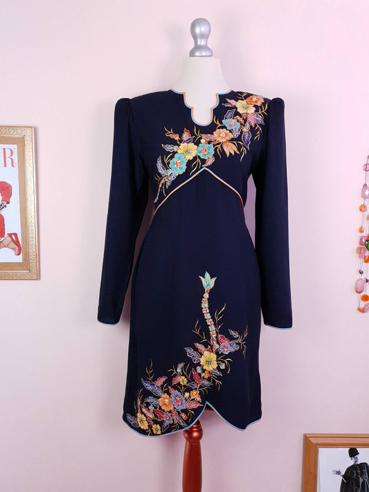 Vintage 1980s Floral Midi Dress Flower Applique Navy Blue Size 8 / 10