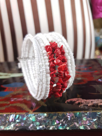 Vintage 1980s White Red Ceramic Cuff Bracelet Bangle Boho Bohemian