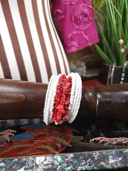 Vintage 1980s White Red Ceramic Cuff Bracelet Bangle Boho Bohemian