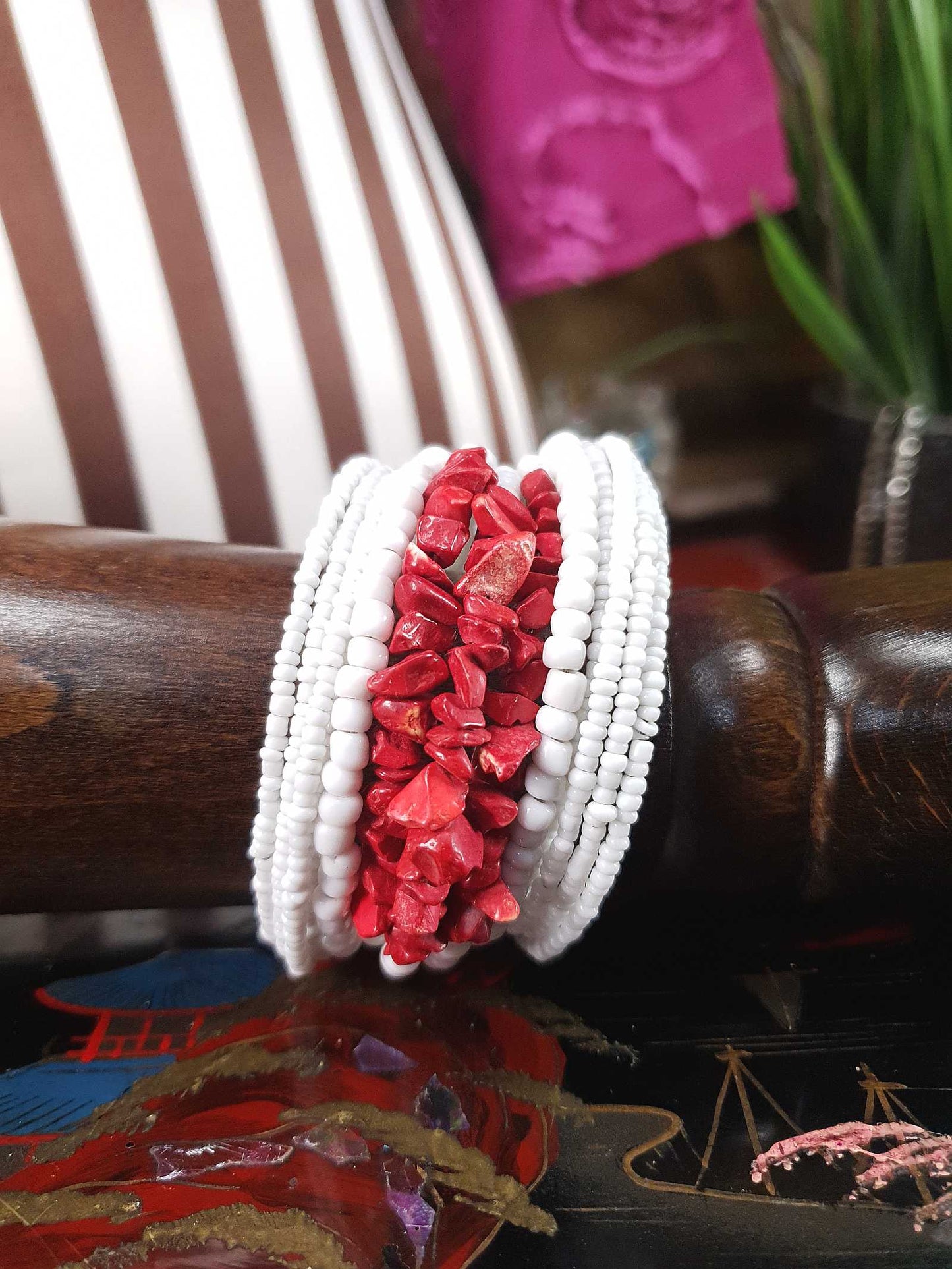 Vintage 1980s White Red Ceramic Cuff Bracelet Bangle Boho Bohemian
