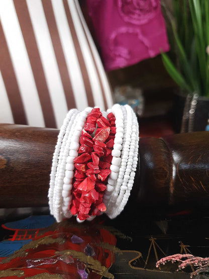 Vintage 1980s White Red Ceramic Cuff Bracelet Bangle Boho Bohemian