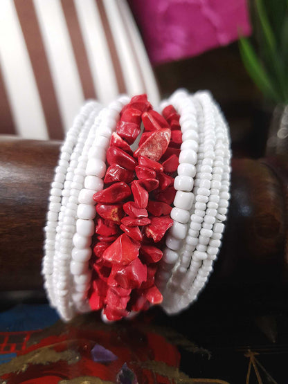 Vintage 1980s White Red Ceramic Cuff Bracelet Bangle Boho Bohemian
