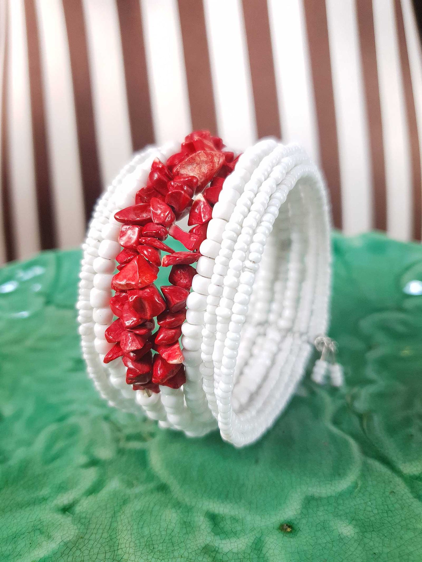 Vintage 1980s White Red Ceramic Cuff Bracelet Bangle Boho Bohemian