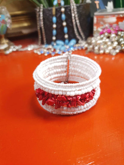 Vintage 1980s White Red Ceramic Cuff Bracelet Bangle Boho Bohemian