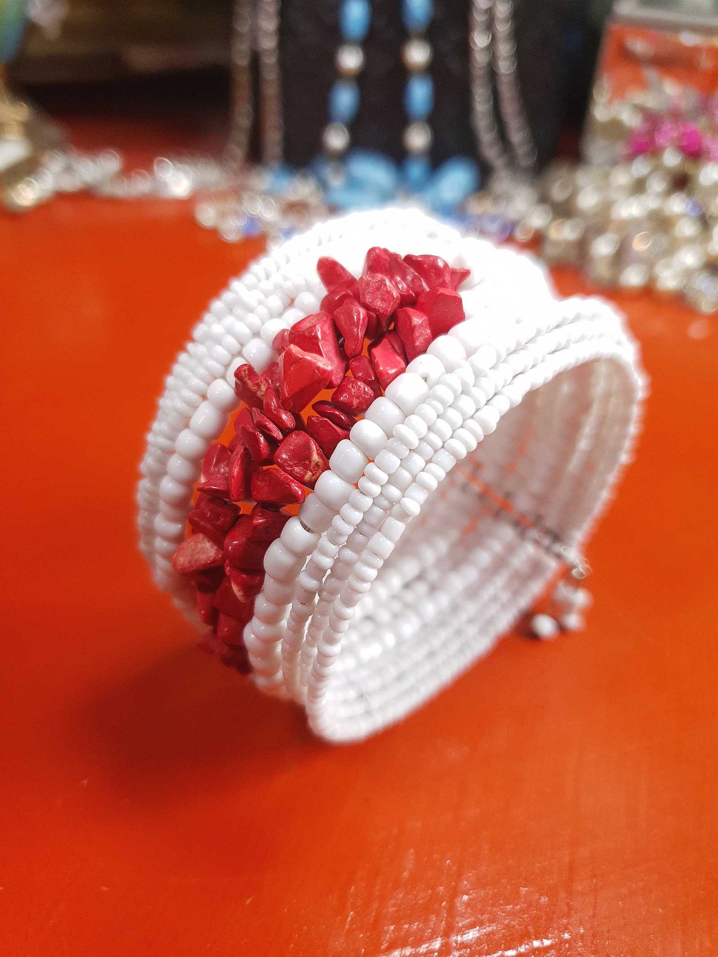 Vintage 1980s White Red Ceramic Cuff Bracelet Bangle Boho Bohemian