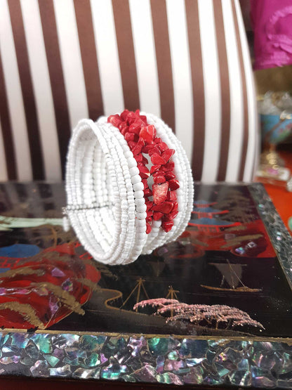 Vintage 1980s White Red Ceramic Cuff Bracelet Bangle Boho Bohemian