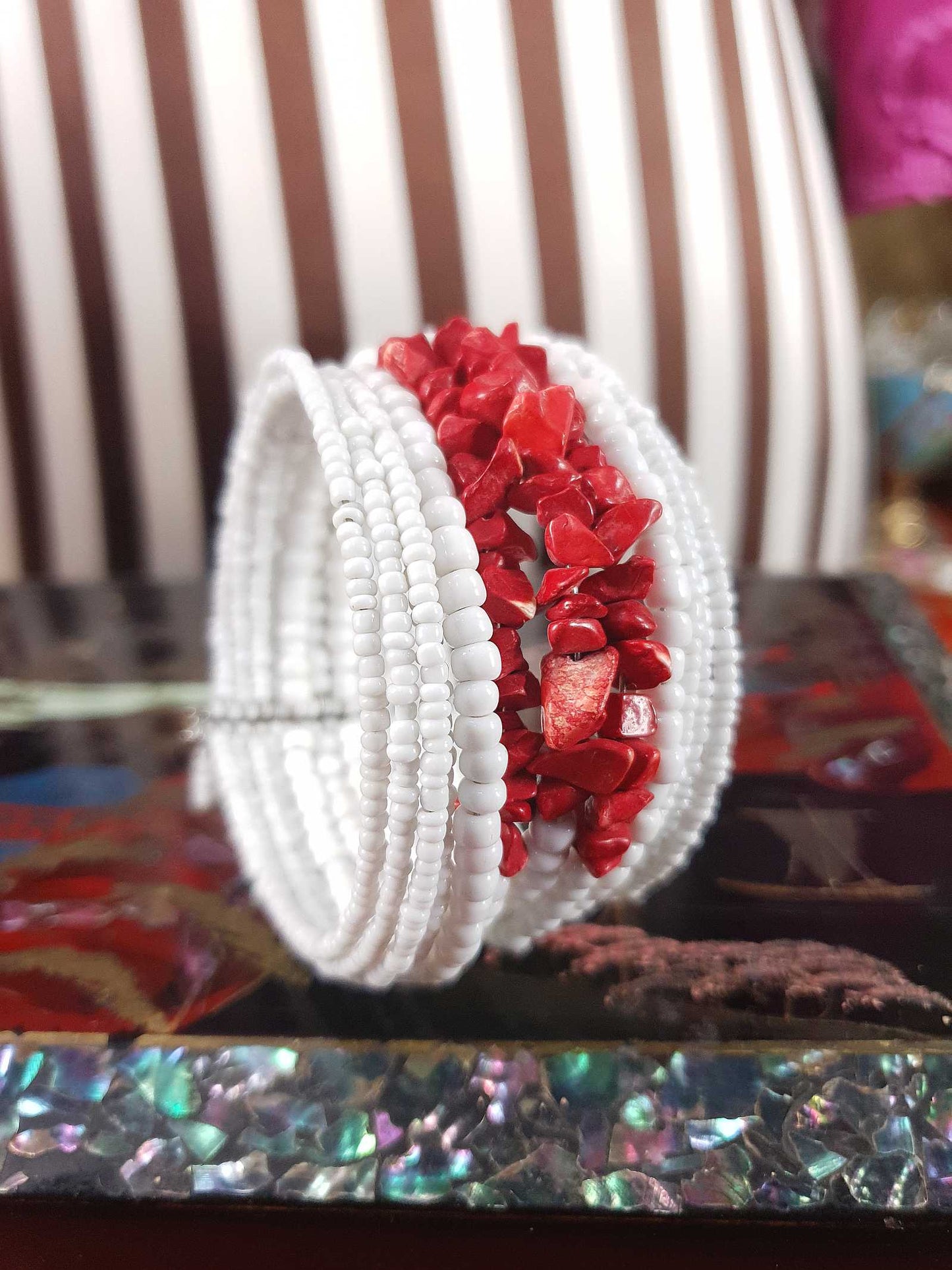 Vintage 1980s White Red Ceramic Cuff Bracelet Bangle Boho Bohemian