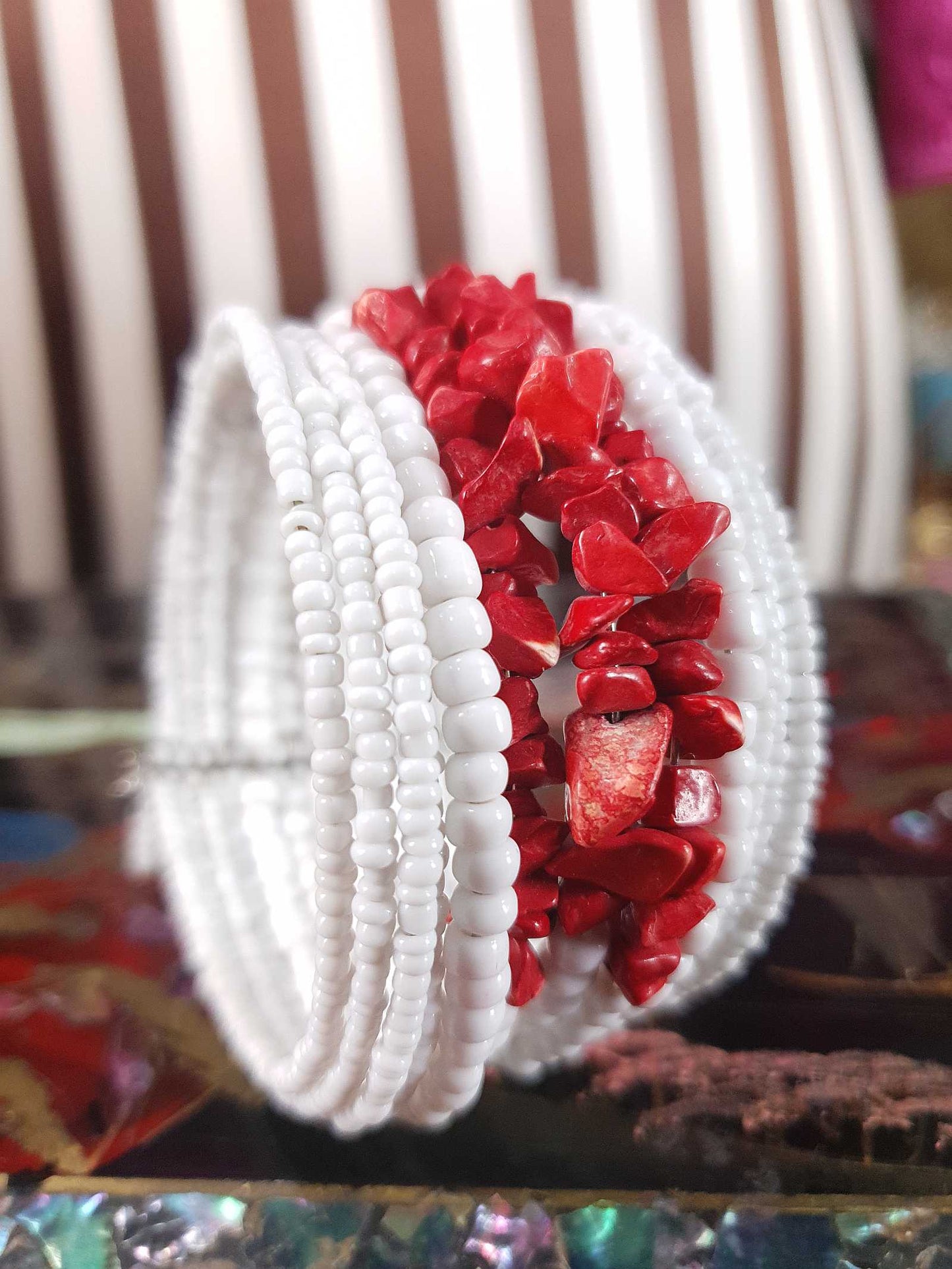 Vintage 1980s White Red Ceramic Cuff Bracelet Bangle Boho Bohemian